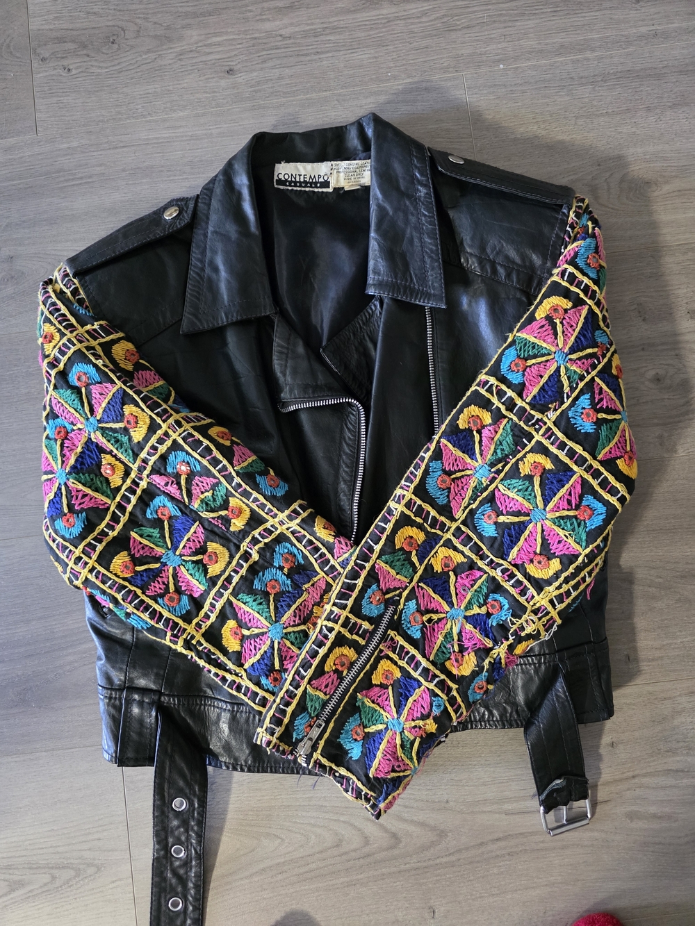 Contempo Black Leather Jacket with Multicolor Embroidered Sleeves